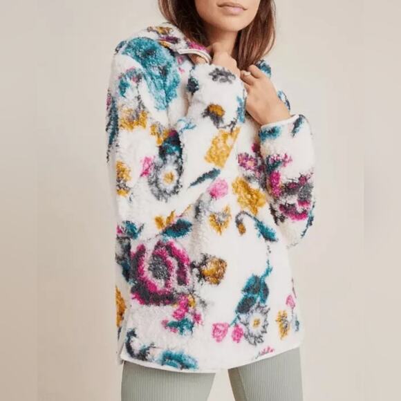 ANTHROPOLOGIE Saturday Sunday Hooded Sherpa Jacket Teddy Sweater Floral Size S - Picture 1 of 10